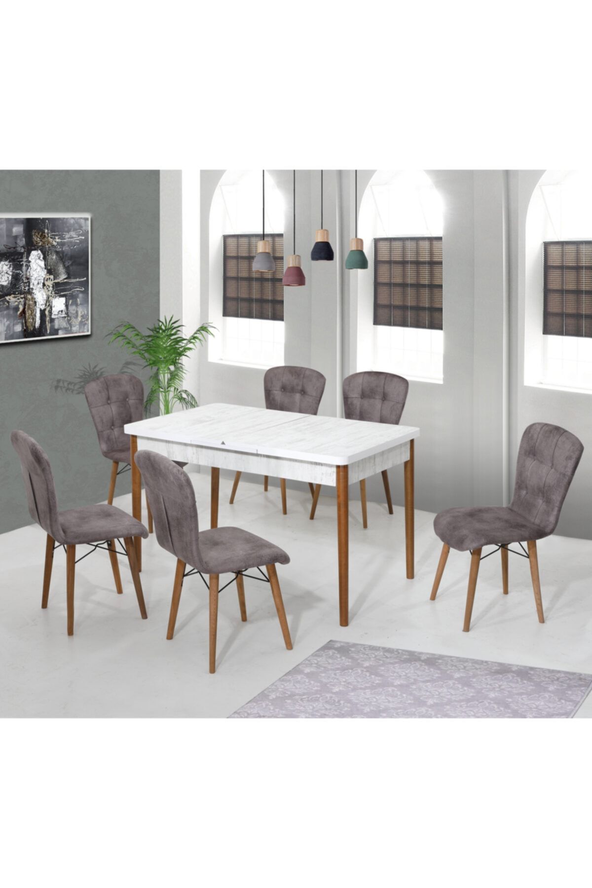 Set masa extensibila cu 6 scaune tapitate Homs cristal 170 x 80 cm