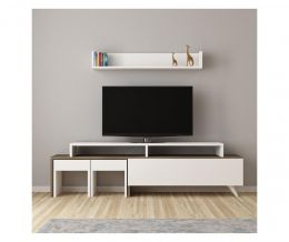 Set comoda tv cu masute si raft suspendat Tango Homs, 150 X 45.9 X 31.6 cm, alb/nuc
