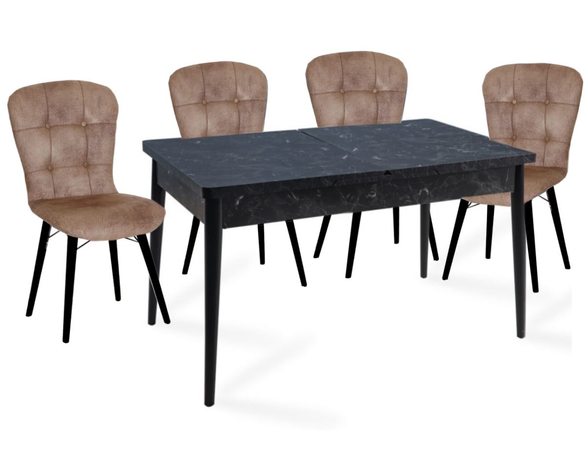 Set masa extensibila cu 4 scaune tapitate  maro Homs marmorat negru 170 x 80 cm