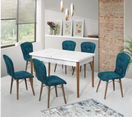 Set masa extensibila cu 6 scaune tapitate Homs cristal  bej-cobalt blue170 x 80 cm