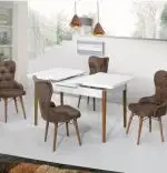 Set masa extensibila cu 4 scaune  masa alb tapitate maro Valentina Homs 170 x 80 cm