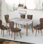 Set masa extensibila cu 6 scaune stejar tapitate maro Valentina Homs 170 x 80 cm