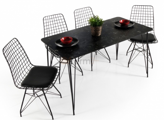 Set masa marmorata cu 4 scaune metal, Dream Homs, negru marmorat 70 x 110 cm