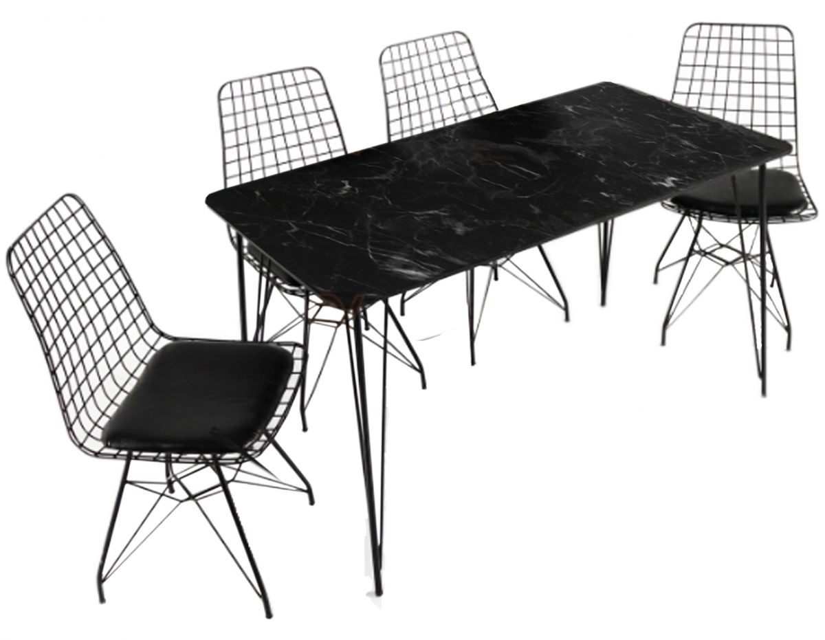 Set masa marmorata cu 4 scaune metal, Dream Homs, negru marmorat 70 x 110 cm