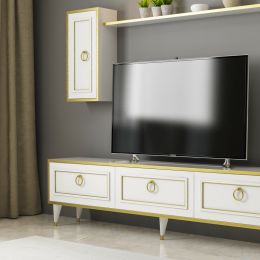 Set comoda tv si modul superior Elegance Homs, 180 x 45.5 x 29.5 cm, alb/auriu