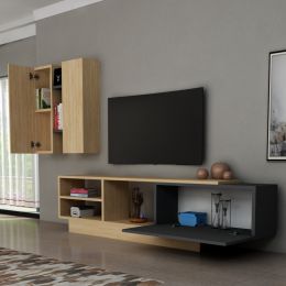 Set comoda tv cu corp suspendat Begonia Homs, 140 x 43.6 x 31.6 cm, stejar/gri