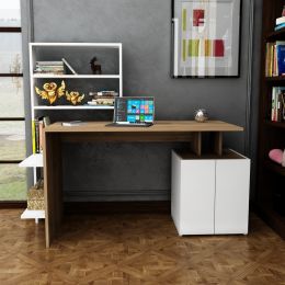 Birou cu biblioteca incorporata Melis, 146.3 x 128.8 x 60 cm, alb/nuc