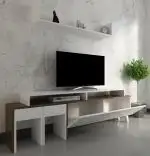 Set comoda tv cu masute si raft suspendat Tango Homs, 150 X 45.9 X 31.6 cm, alb/nuc