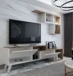 Comoda TV cu raft suspendat, Hadise Homs, 135 x 51.5 x 31.6 cm, alb/nuc