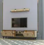 Comoda tv cu raft suspendat Luxury Homs, 150 x 43.6 x 29.5 cm, stejar/gri