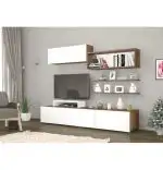 Resigilat: Comoda TV din pal, Deko Homs, alb/nuc, 150 x 30 x 35 cm, 1 x dulap, 3 x raft incluse