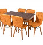 Set masa extensibila cu 6 scaune tapitate Homs cristal  nuc-mustar 170 x 80 cm
