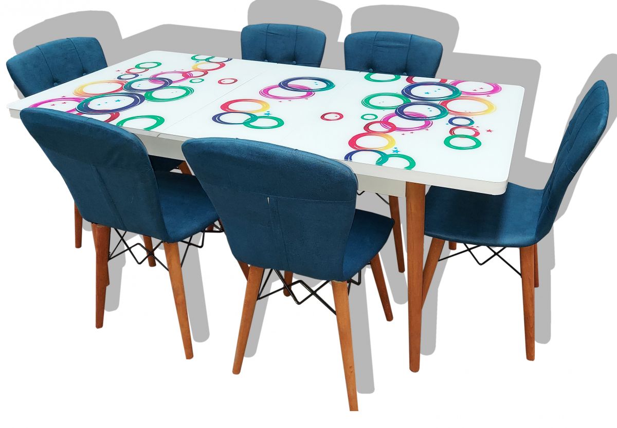 Set masa extensibila picioare lemn, blat sticla securizata +6 scaune tapitate Fusion Homs albastru 80x 170 cm