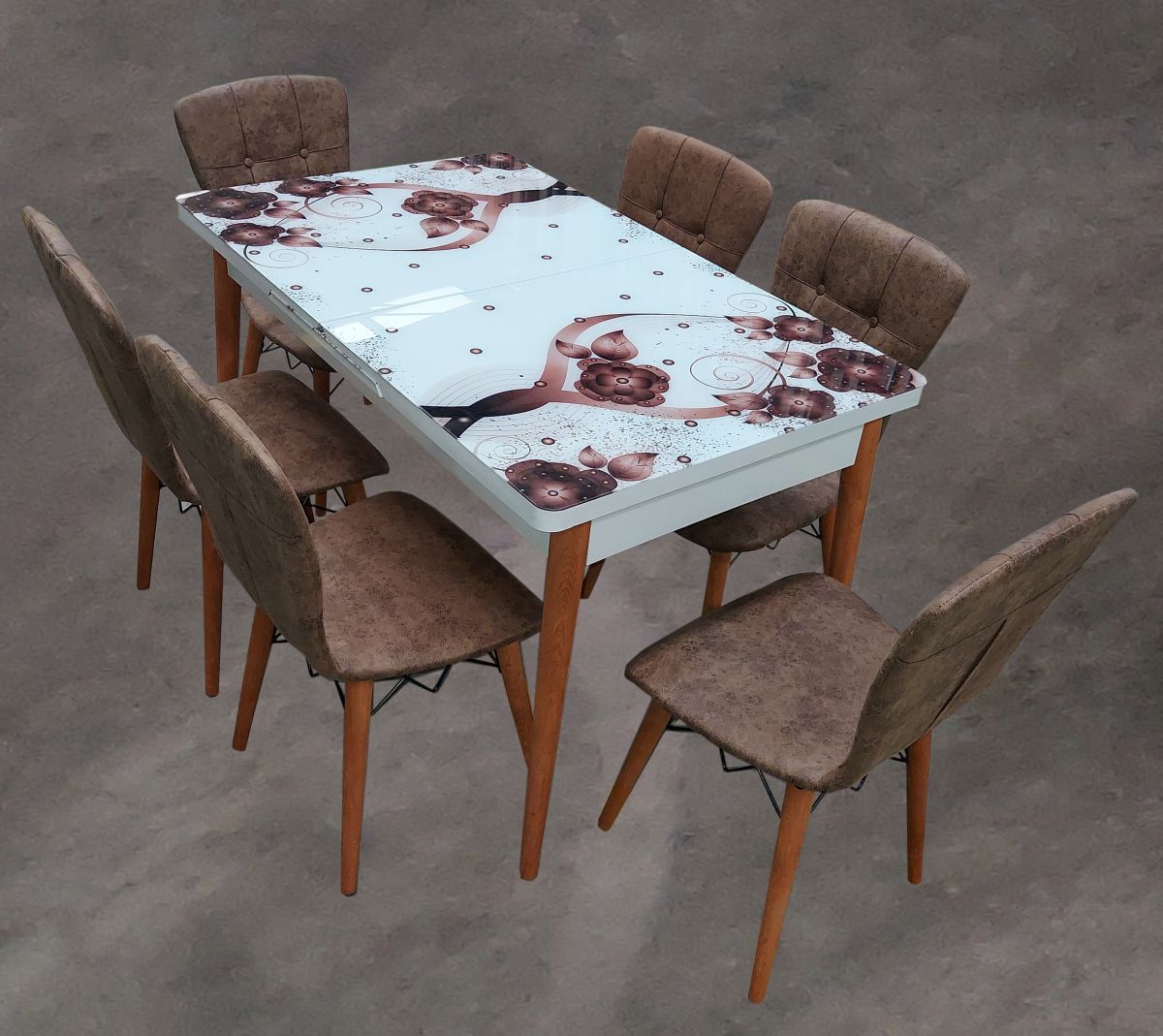 Set masa extensibila picioare lemn, blat sticla securizata +6 scaune tapitate Fusion Homs maro 80x 170 cm