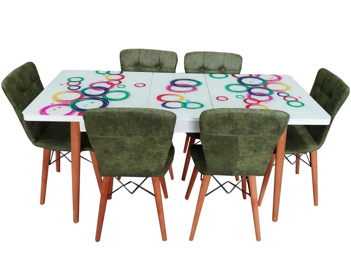 Set masa extensibila picioare lemn, blat sticla securizata multicolor +6 scaune tapitate Fusion Homs verde 80x 170 cm