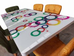 Set masa extensibila picioare lemn, blat sticla securizata +6 scaune tapitate Fusion Homs mustar-multicolor 80x 170 cm