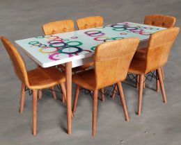 Set masa extensibila picioare lemn, blat sticla securizata +6 scaune tapitate Fusion Homs mustar-multicolor 80x 170 cm