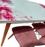 Set masa extensibila picioare lemn, blat sticla securizata +6 scaune tapitate Fusion Homs roz-multicolor 80x 170 cm