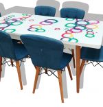 Set masa extensibila picioare lemn, blat sticla securizata +6 scaune tapitate Fusion Homs albastru 80x 170 cm