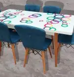 Set masa extensibila picioare lemn, blat sticla securizata +6 scaune tapitate Fusion Homs albastru 80x 170 cm