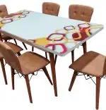 Set masa extensibila picioare lemn, blat sticla securizata multicolor +6 scaune tapitate Fusion Homs bej 80x 170 cm