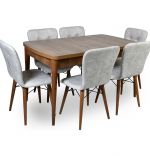 Set masa extensibila cu 6 scaune tapitate Homs nuc/bej 170 x 80 cm picioare lemn  
