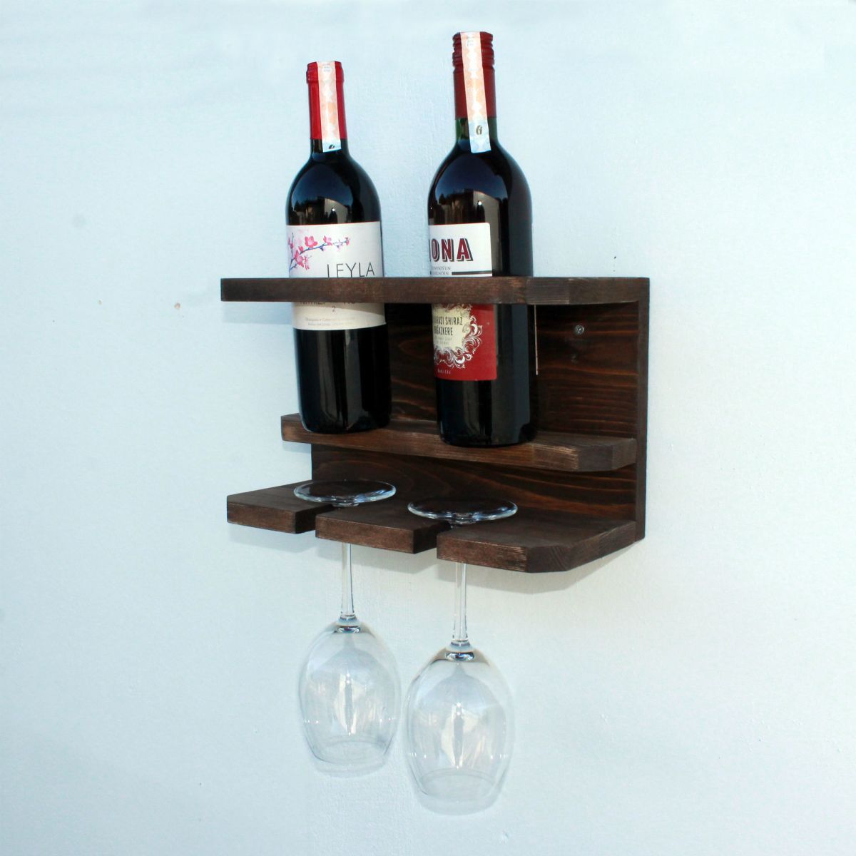 Suport din lemn pentru 2 sticle vin si 2 pahare Homs 32 x 20 x 15 cm, maro