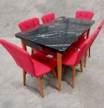 Set masa extensibila cu 6 scaune tapitate Homs cristal negru-rosu170 x 80 cm
