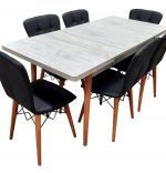 Set masa extensibila cu 6 scaune tapitate Homs cristal alb-negru 170 x 80 cm