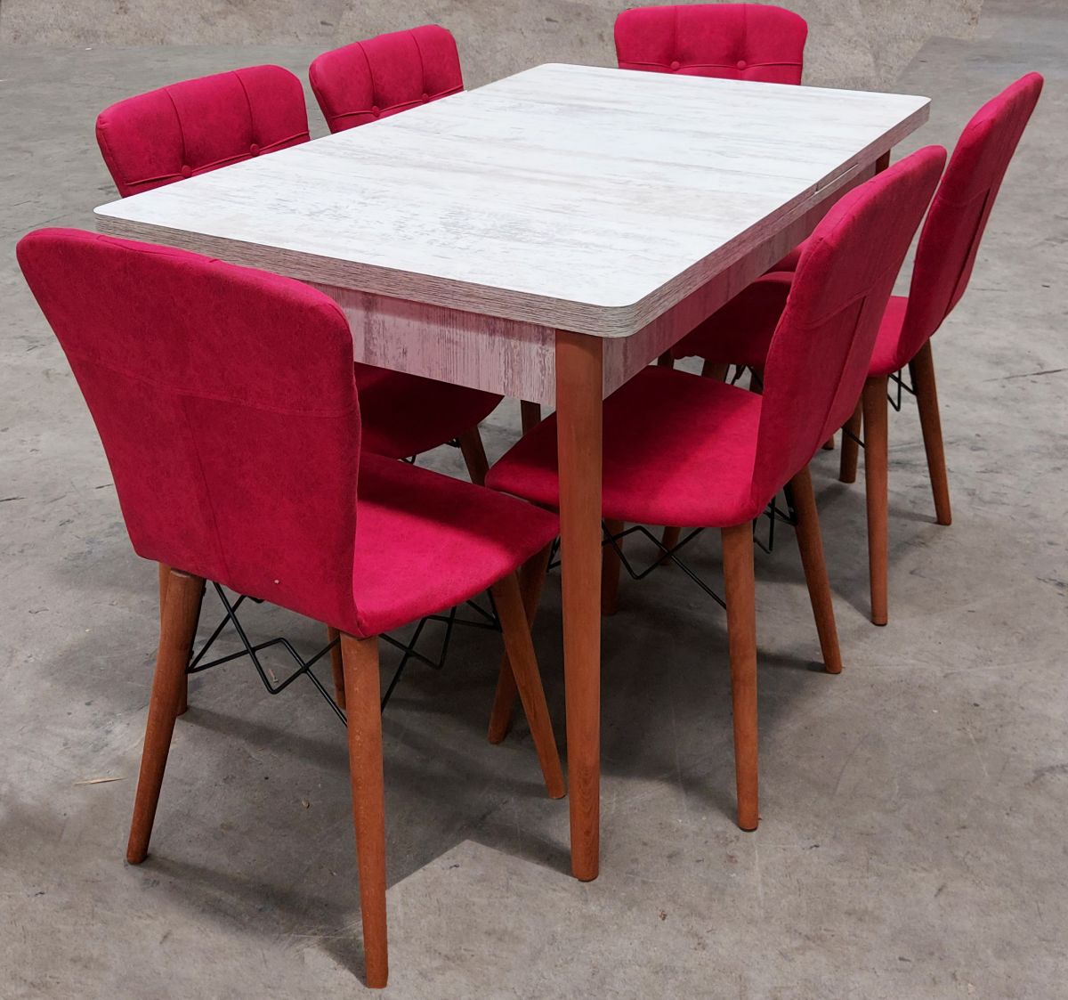Set masa extensibila cu 6 scaune tapitate Homs cristal alb-rosu170 x 80 cm