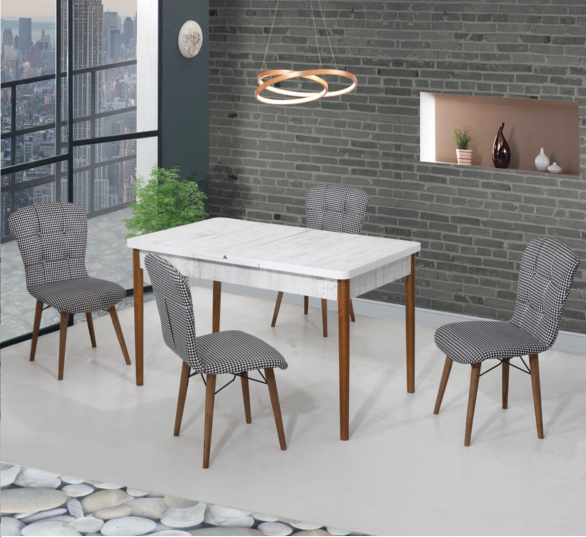 Set masa extensibila cu 6 scaune tapitate alb-negru Homs cristal 170 x 80 cm