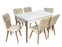 Set masa extensibila cu 6 scaune tapitate Homs cristal alb-bej 170 x 80 cm
