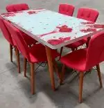 Set masa extensibila picioare lemn, blat sticla securizata rosu +6 scaune tapitate Fusion Homs 80x 170 cm
