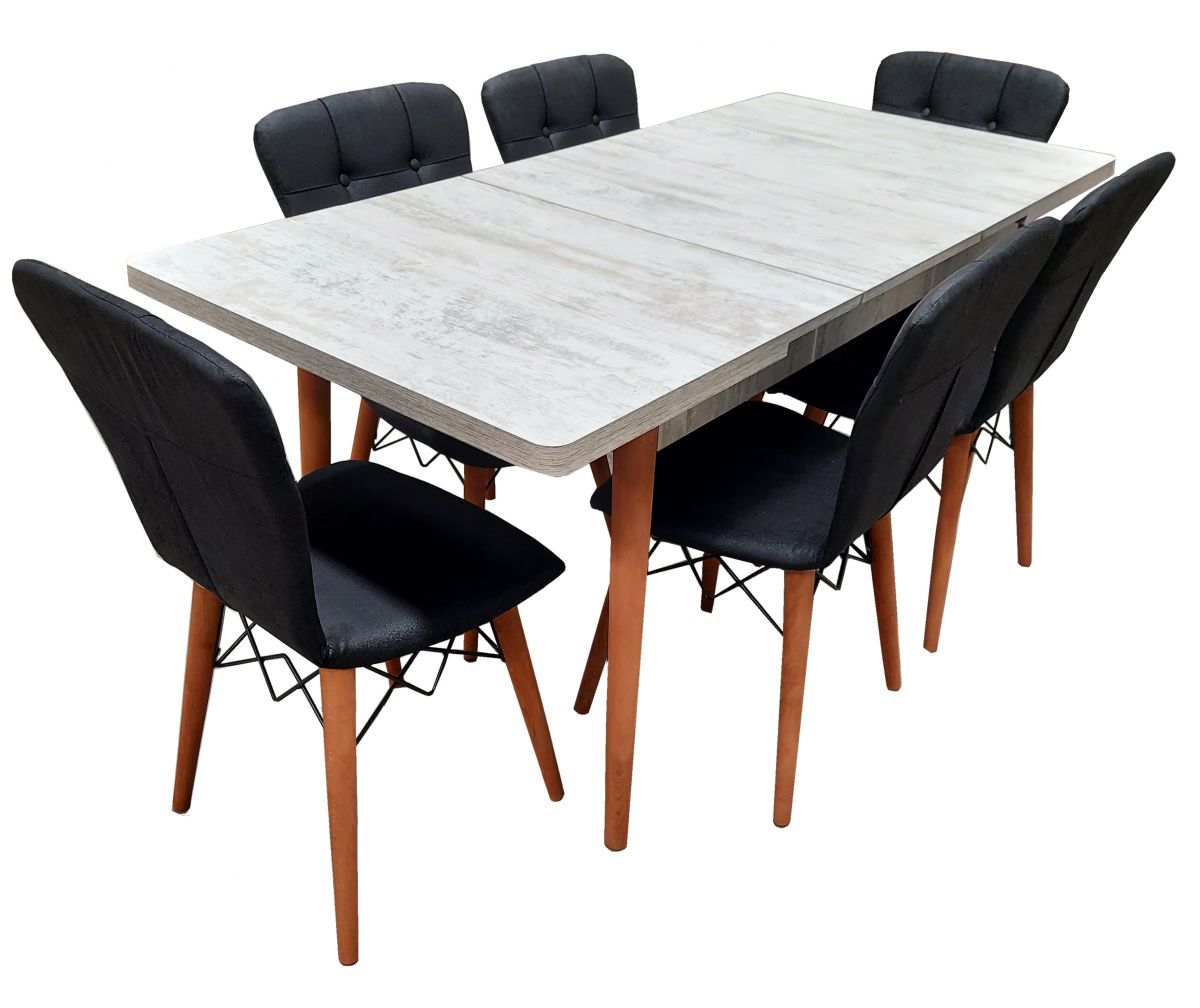 Set masa extensibila cu 4 scaune tapitate Homs cristal alb-negru 110 x 70 cm