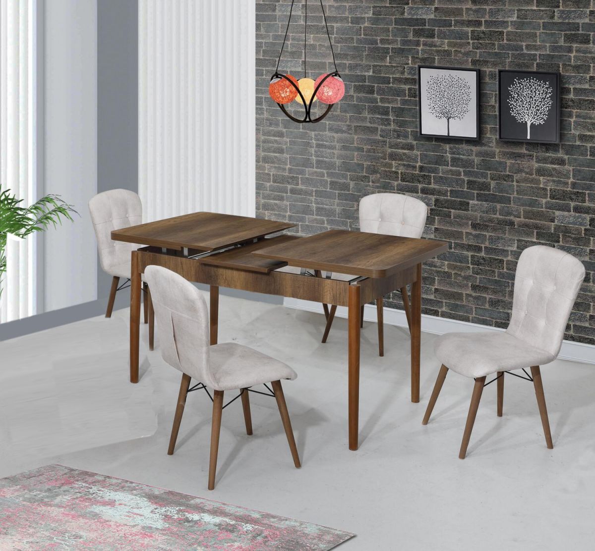 Set masa extensibila cu 4 scaune tapitate Homs nuc/bej 110 x 70 cm picioare lemn  