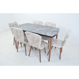 Set masa extensibila cu 6 scaune tapitate Homs marmura/bej 170 x 80 cm picioare lemn  