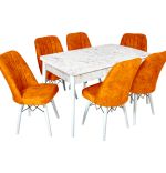 Set masa extensibila cu 6 scaune tapitate Homs cargold 250-30050 bejmarmurat-portocaliu 170 x 80 cm