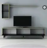 Set comoda tv si modul superior Vals Homs, 180 x 45.5 x 29.5 cm, negru/auriu