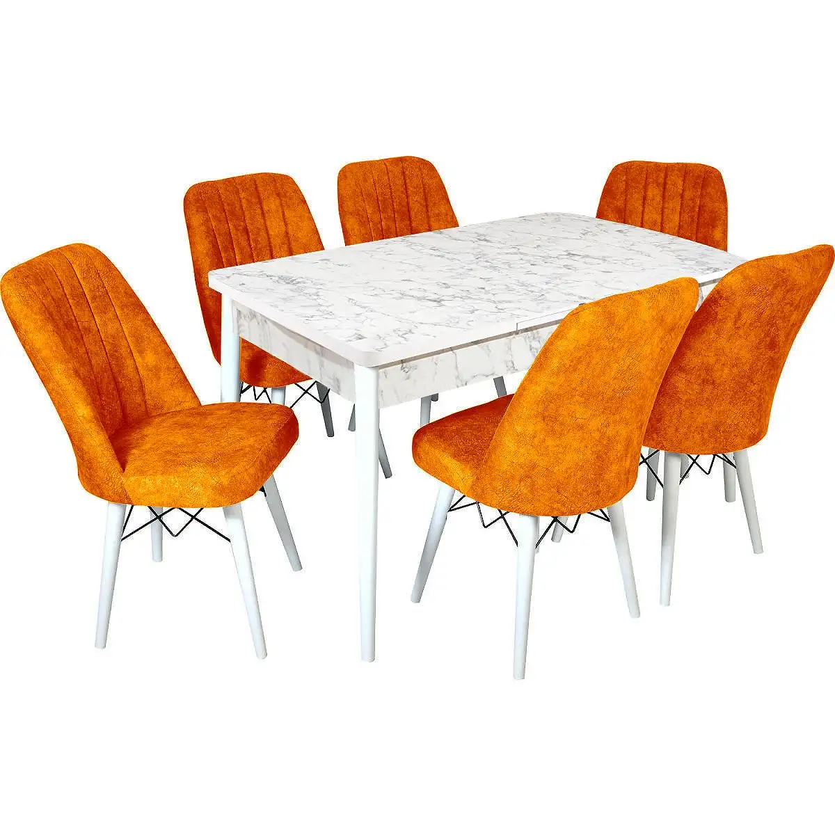 Set masa extensibila cu 6 scaune tapitate Homs cargold 250-30050 bejmarmurat-mustar,170 x 80 cm