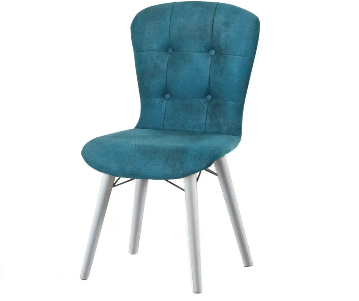 Set masa extensibila cu 6 scaune tapitate Homs cristal  bej-blue-picior-alb-170 x 80 cm