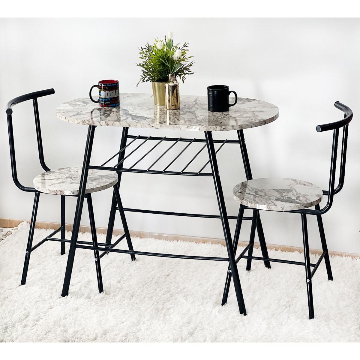 Set Masa cu 2 scaune, Cafea Homs, cadru metal,bej marmurat/negru