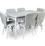 Set masa extensibila cu 6 scaune tapitate Homs cristal  bej-picior-alb-170 x 80 cm