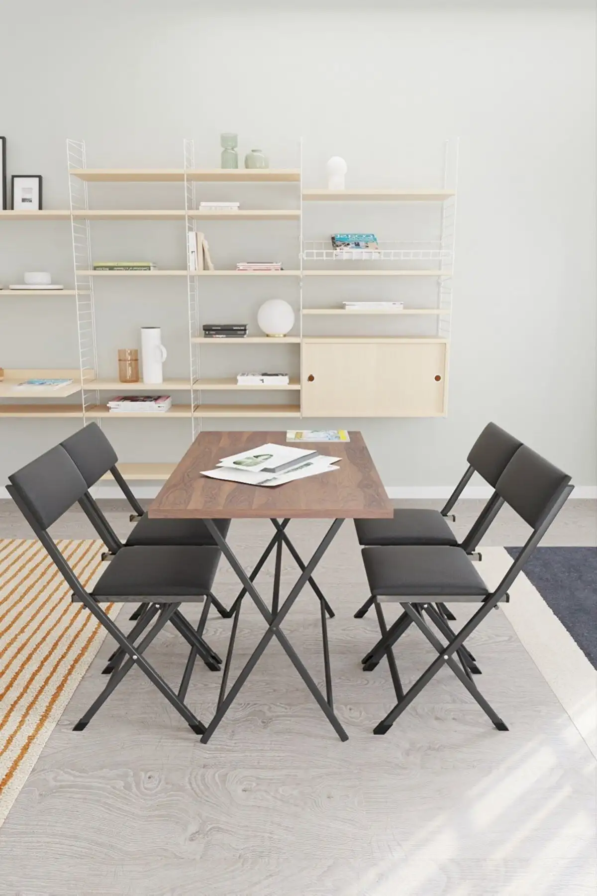 Set Masa cu 4 scaune, Homs, cadru metal, bej nuc/negru, 110x60x71 cm
