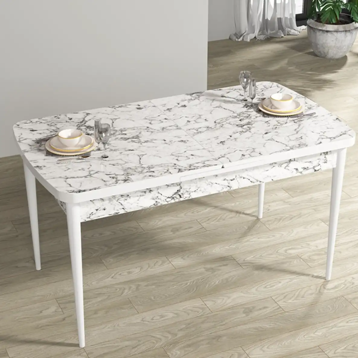 Set masa extensibila cu 6 scaune tapitate Homs marmorat alb  250-30650 bej- negru 170 x 80 cm
