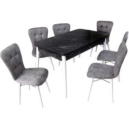 Set masa extensibila cu 6 scaune tapitate gri Homs masa marmorat negru picioare alb 170 x 80 cm