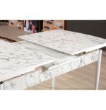 Set masa extensibila cu 6 scaune tapitate Homs cristal  bej-gri-picior-alb-170 x 80 cm
