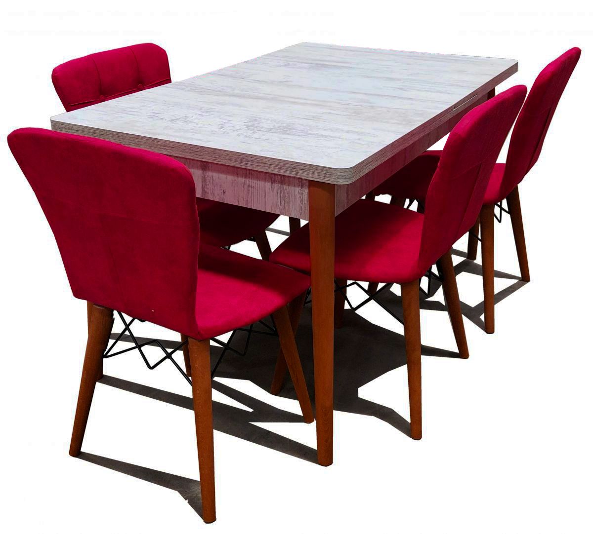 Set masa extensibila cu 4 scaune tapitate Homs cristal alb-rosu110 x 70 cm