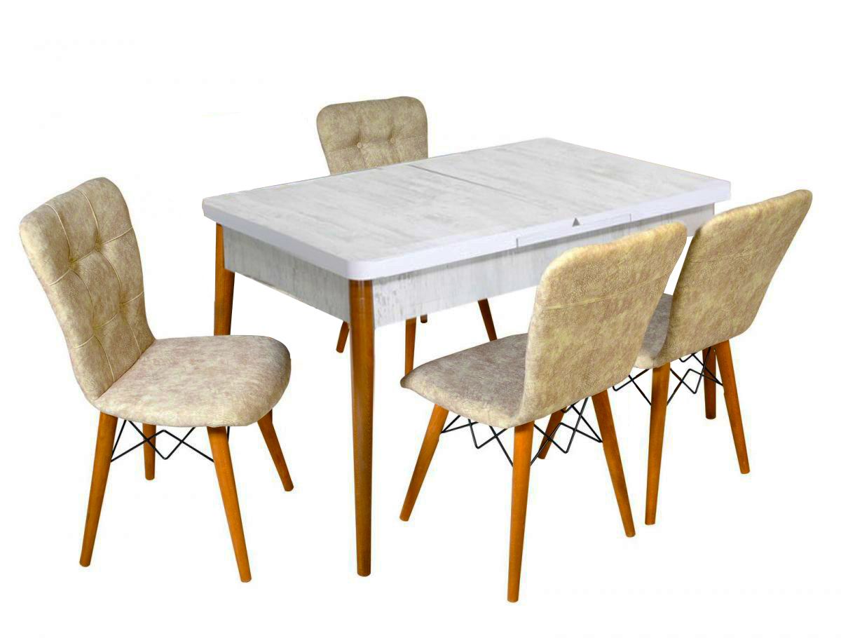 Set masa extensibila cu 4 scaune tapitate Homs cristal alb-bej 110 x 70 cm
