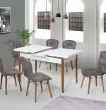 Set masa alba extensibila cu 4 scaune tapitate gri Homs picioare lemn 110 x 70 cm