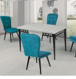 Set masa extensibila cu 4 scaune tapitate alb-turcoaz Homs cristal 130 x 80 cm